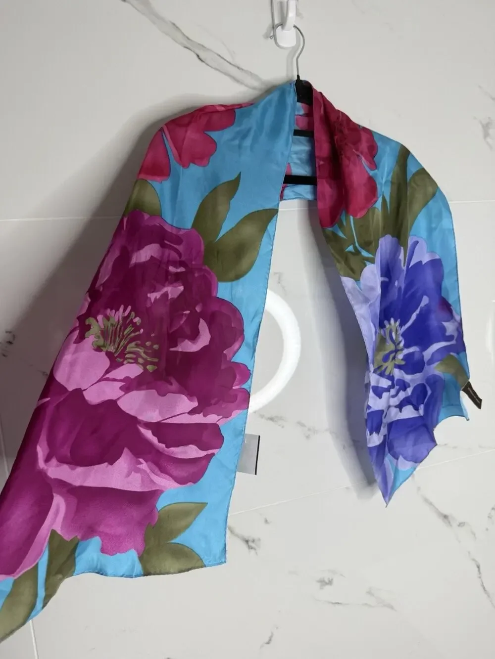 ADRIENNE VITTADINI Silk Scarf Floral Teal Rectangle 11”x54” Art To Wear Resort
